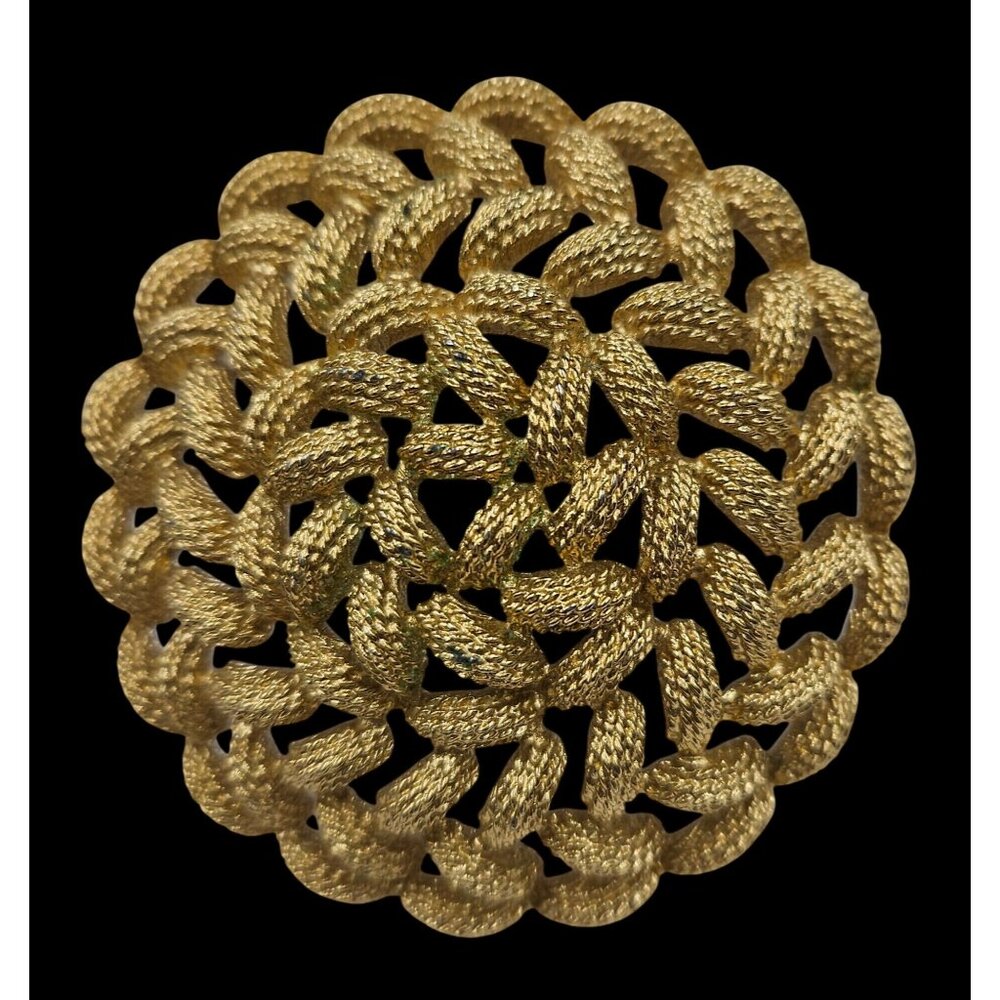 Vintage MONET Signed Monet Round Textured Gold Plated Braided Brooch Pin Big Bol